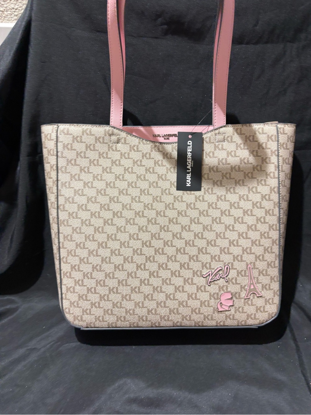 Karl Lagerfeld Beige Monogram Tote with Pink Trim and Pink Handles